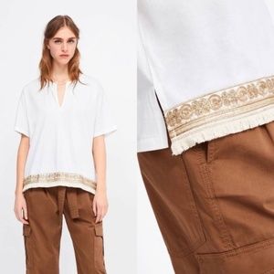 NWT Zara Womens Short Sleeve Gold Embroidered & Sequin Shirt - Size Large